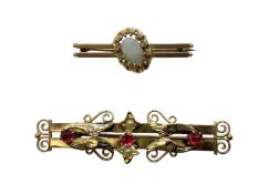 A 15 ct gold double bar broach set with oval central opal together with 9ct gold ruby and pearly set