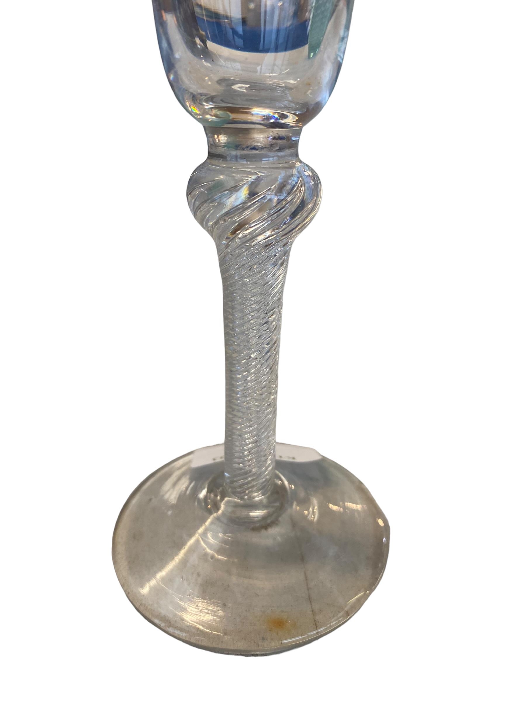 Two C18th spiral stem wine glasses, the smaller with chip to rim, 15 cm (tallest) and three later - Image 3 of 4