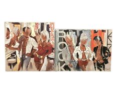 Farel, British XX two acrylic on canvas of modern C20th stylized scenes, on stretch box frames, 59 x