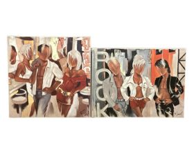 Farel, British XX two acrylic on canvas of modern C20th stylized scenes, on stretch box frames, 59 x