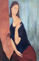 In the style of Modigliani, modern reproduction oil on canvas, of a seated lady in gilt frame, Verso