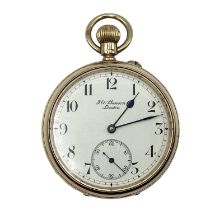 A 9 ct gold open faced pocket watch face marked JW Benson London, 32 mm face with Arabic markers and