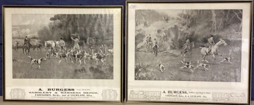 Two framed and glazed hunting prints, A Burgess Sadlery & Harness Depot, Faringdon, Berks, and at
