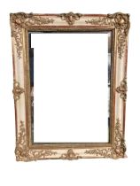 Rectangular hanging wall mirror, with painted and gilt ornate frame, 80cm H x 62cm W overall