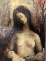 unframed oil on canvas, half portrait portrait of a female nude, signed E Cambier c4; 73 x 50cm
