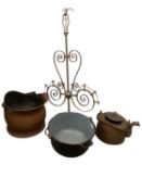 A Victorian brass light fitting, espalier design, a brass/copper coal scuttle, jam pan and a