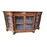 Good Victorian serpentine fronted inlaid burr walnut Credenza, central double glazed doors flanked