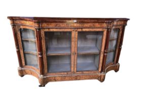 Good Victorian serpentine fronted inlaid burr walnut Credenza, central double glazed doors flanked