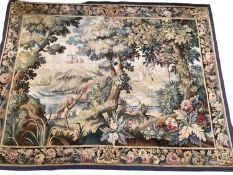 C19th wall tapestry, continental landscape scene with floral border 225 cm x 175 cm