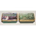 Enamel cricket pill boxes. Two matching oblong pill boxes, each depicting a scene from famous