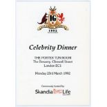 Surrey C.C.C. 1992. Official folding menu for the ‘Ian Greig Benefit 1992 Celebrity Dinner’ held