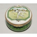 ‘Village Cricket Match’. Halcyon Days circular enamel on copper pill box. The lid of the pill box