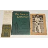Cricket books, scrapbook and scorecard. A mixed bag including ‘Cricket: A Handbook of the Game’, W.