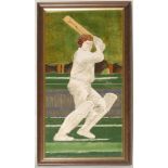 Majolica cricket tiles. Two modern square tiles mounted together to form a full length figure of a