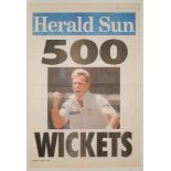 Shane Warne and Dennis Lillee. Two original colour newspaper posters celebrating Shane Warne’s
