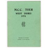 M.C.C. tour to West Indies 1974. Official players’ itinerary booklet issued to Derek Underwood for