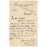 William Gilbert Grace. Handwritten one page letter in black ink to Donald John Knight (Surrey &