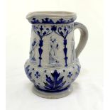Westerwald blue stoneware cricket jug, moulded in relief with eight cameo panels of a batsman,