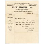 John Berry ‘Jack’ Hobbs. Surrey & England 1905-1934. Single page letter handwritten in ink by