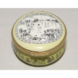 ‘Cricket at Lord’s’. Halcyon Days circular enamelled pill box. The lid with scene of Lord’s at the