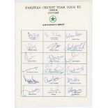 Pakistan tour to India 1979/80. Rarer official autograph sheet with printed title and players’
