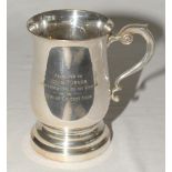 Cricket tankard. EPNS nickel silver plated pint tankard with engraving, ‘Presented to John Turner in