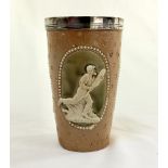 Doulton Lambeth stoneware beaker, moulded in relief with figures in roundels of a batsman (W.G.