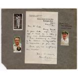 Don Bradman. Original one page handwritten letter from Bradman to Mr Caple (cricket writer). Bradman