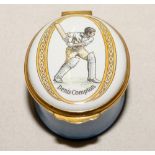 Cricket pillbox. Denis Compton. Modern enamelled oval white and blue pillbox hand decorated with a