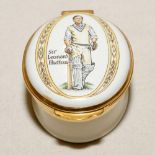 Cricket pillbox. Sir Leonard Hutton. Modern enamelled oval white and cream pillbox hand decorated