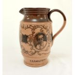 W.G. Grace. Doulton Lambeth stoneware jug with pale body and dark brown rim, decorated with three