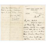 W.G. Grace. Four page letter handwritten in ink from Grace on London County C.C. letterhead and