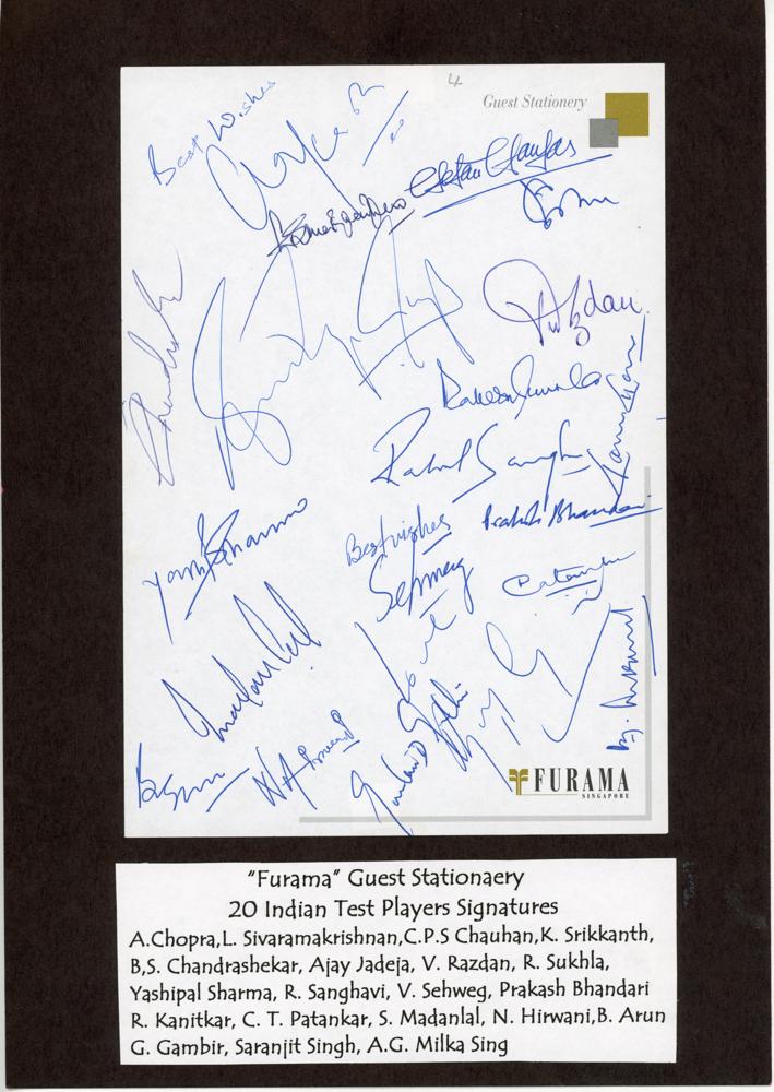 India Test players. ‘Hotel Furama’, Singapore headed stationary signed by twenty Indian Test