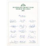 Australia tour of Sri Lanka 1992. Official autograph sheet fully signed in ink by all sixteen