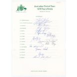 Australian tour of India 1979. Official autograph sheet fully signed in ink by fourteen members of