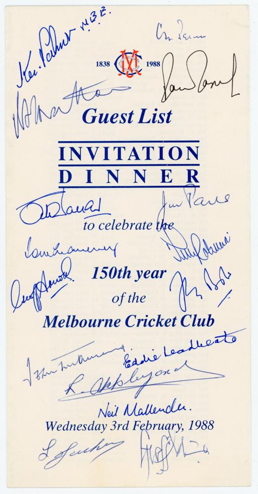 ‘Invitation Dinner to celebrate the 150th Year of the Melbourne Cricket Club’ 1988. Official folding