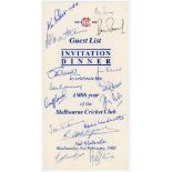 ‘Invitation Dinner to celebrate the 150th Year of the Melbourne Cricket Club’ 1988. Official folding