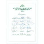 Australian tour of the West Indies 1991. Official autograph sheet signed in ink by seventeen members
