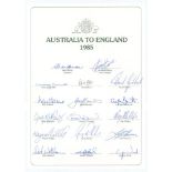 Australian tour of England 1985. Official autograph sheet fully signed in ink by all seventeen