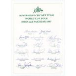 Australian tour of India and Pakistan for the World Cup 1987. Official autograph sheet fully