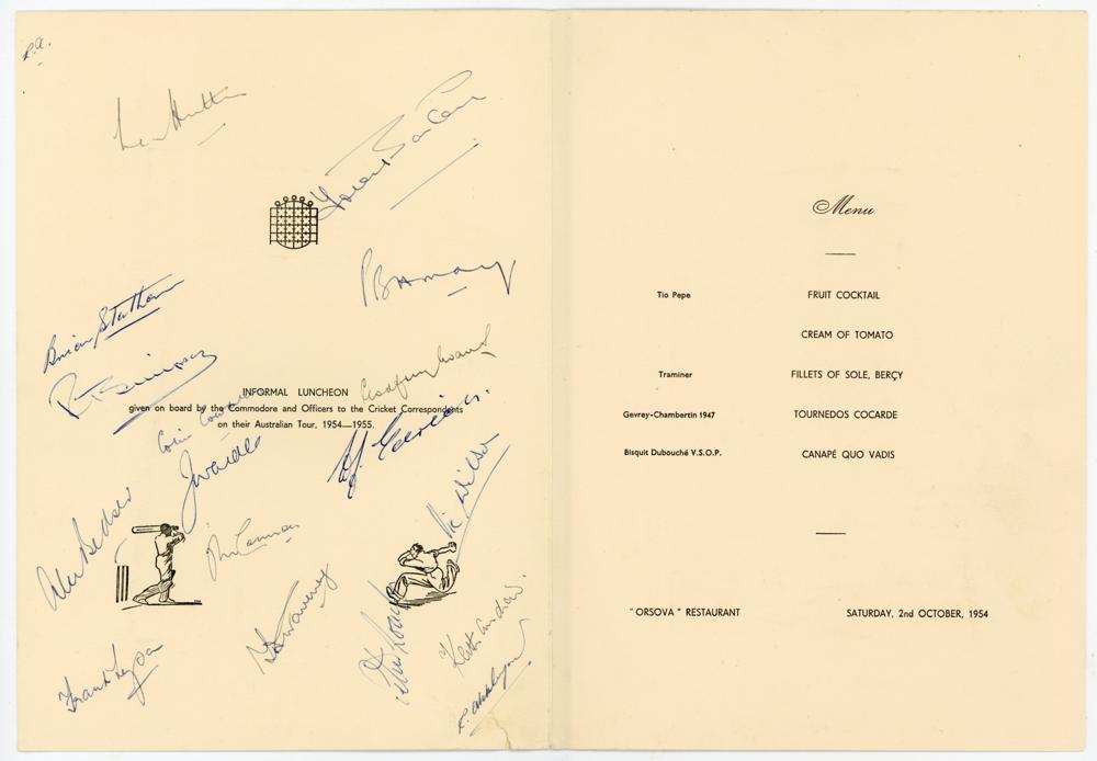 M.C.C. tour of Australia 1954/55. Orient Line R.M.S. Orsova folding ‘Luncheon Menu’ signed to menu - Image 2 of 3