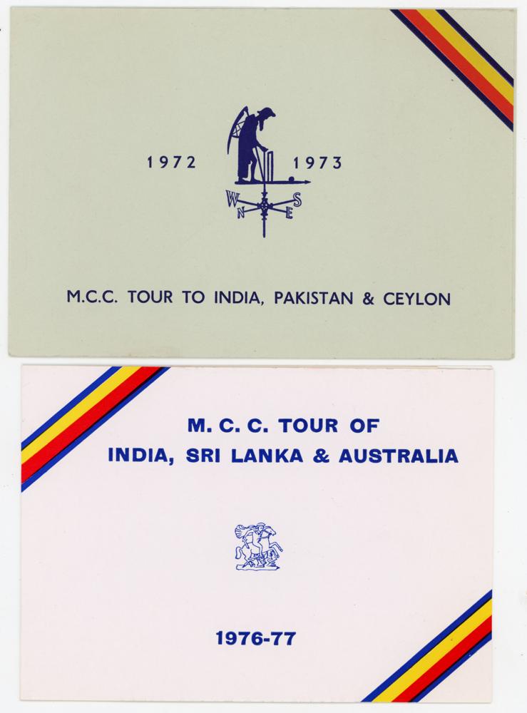 M.C.C. tour Christmas cards 1972/73 and 1976/77. Two official unsigned Christmas cards, one for