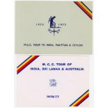 M.C.C. tour Christmas cards 1972/73 and 1976/77. Two official unsigned Christmas cards, one for