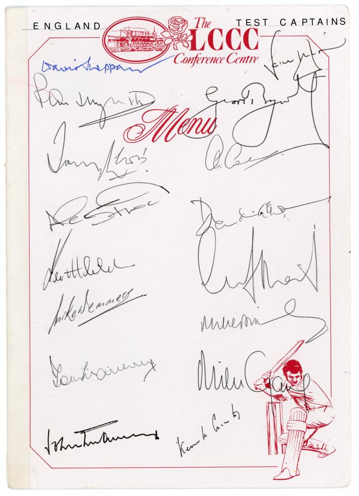 Test captains. Lancashire C.C.C. Conference Centre folding card signed by thirty one England and