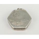 Cricket locket. Silver hexagon shaped opening locket with batsman at the wicket centre decoration,