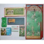 Cricket games early 1900s- 1960s. Box comprising a selection of table top indoor cricket games,