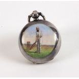 Cricket sovereign case. A Victorian silver sovereign case, decorated in enamel with a figures of a