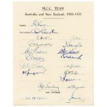 M.C.C. tour to Australia and New Zealand 1950/51. Official autograph sheet with printed title,