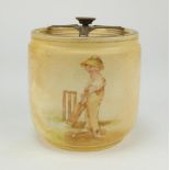 Cricket tobacco jar. A Fielding & Co brown tobacco jar and lid printed to sides with a vignette of a