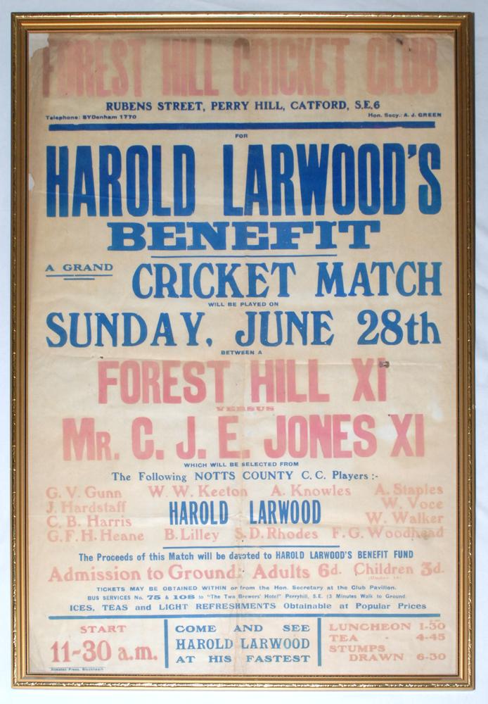 ‘Harold Larwood’s Benefit’ 1936. Original large poster advertising the match, Forest Hill XI v.